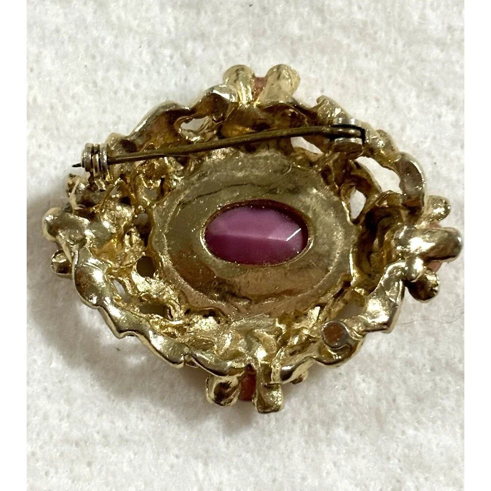Vintage Pink Moonglow Cat Eye Cabochon Brooch Czech Style Gold Tone Floral Pin